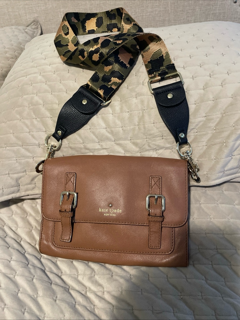 kate spade Brown Leather Messenger Bag with Camo Strap